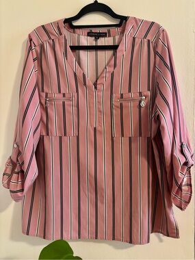 Adrienne Vittadini Rose Pink Vertical-Stripe V-Neck Blouse